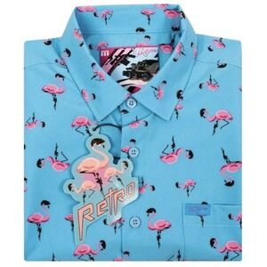 NEW In Bag Retro Rifle Flamingos Tactimingo Mens Blue Short Sleeve Shirt Size XL